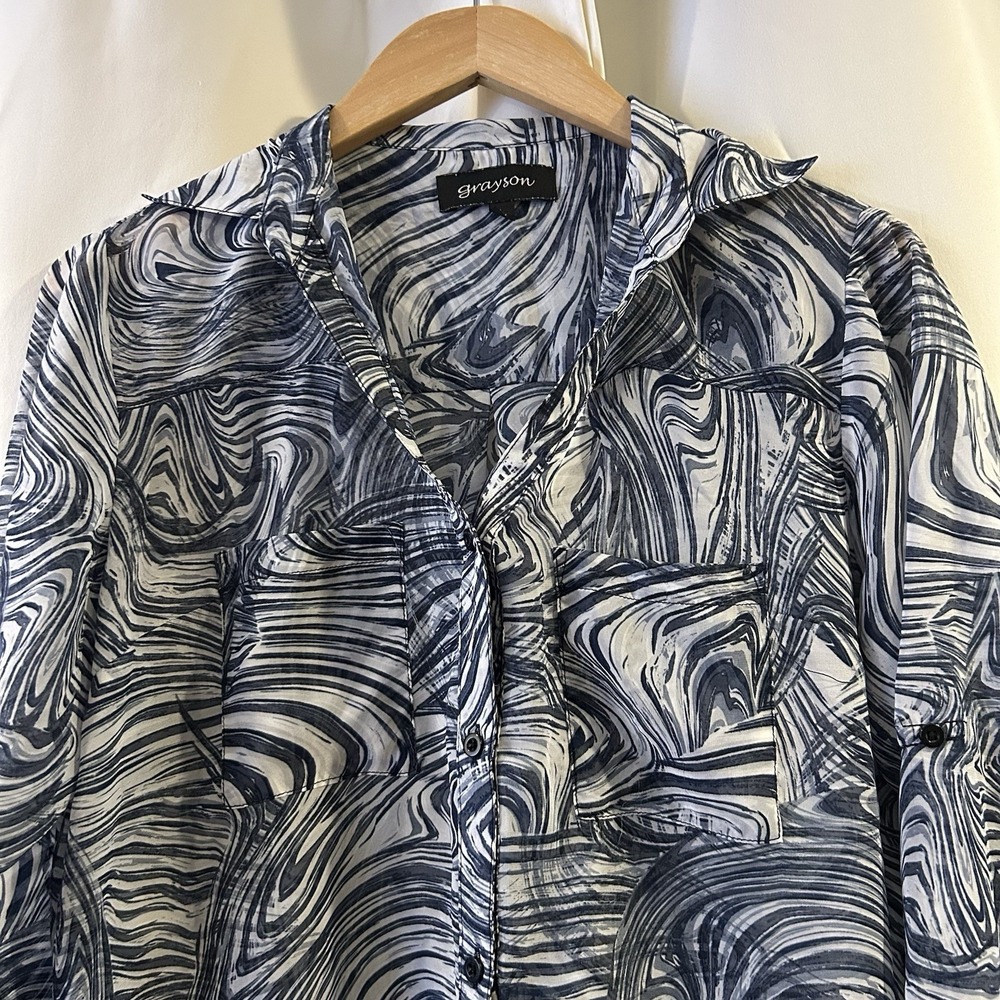 Grayson Women's Long Sleeve Button Up Blouse Size Large Gray Blue Swirl Sheer - Picture 3 of 6